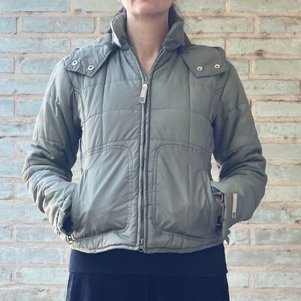 Vintage Zara Puffer Coat 90s Y2K Army Green Quilted Winter Hood Zip Jacket